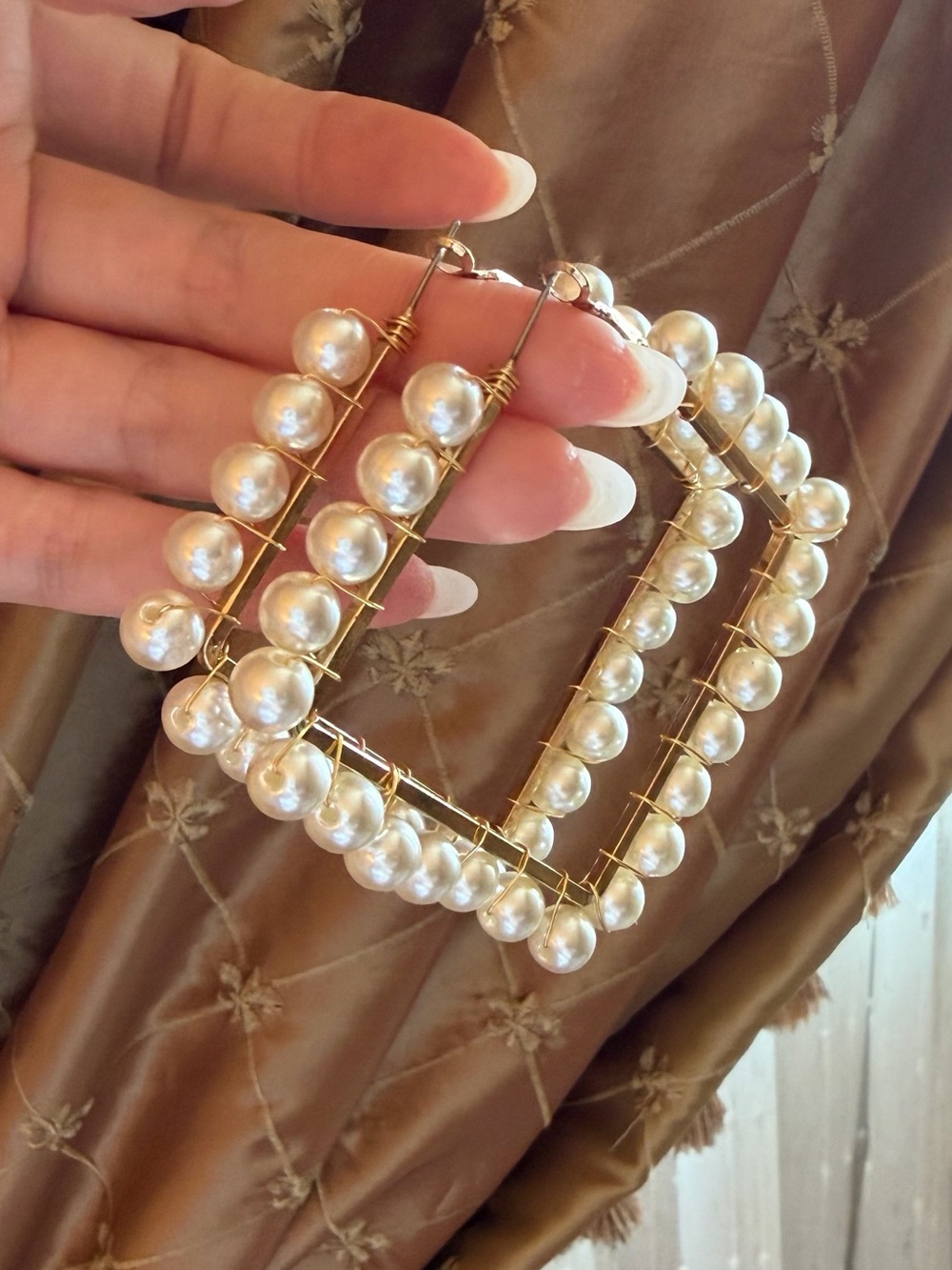 Gold Square Hoop Earrings with Ivory Pearls - Women Jewelry